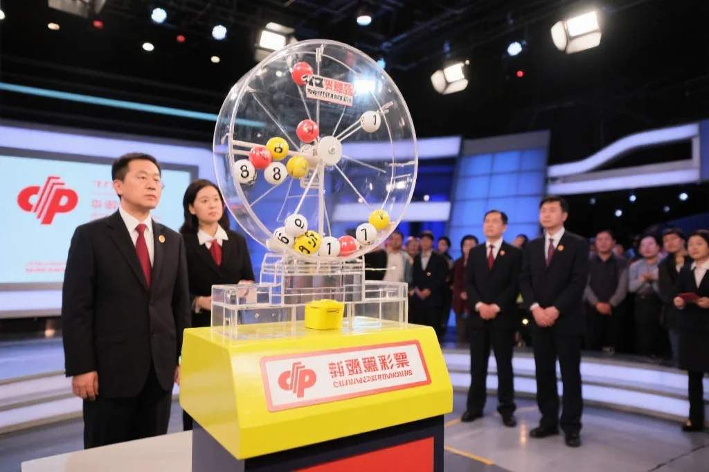 彩票开奖现场,摇奖机和监督人员