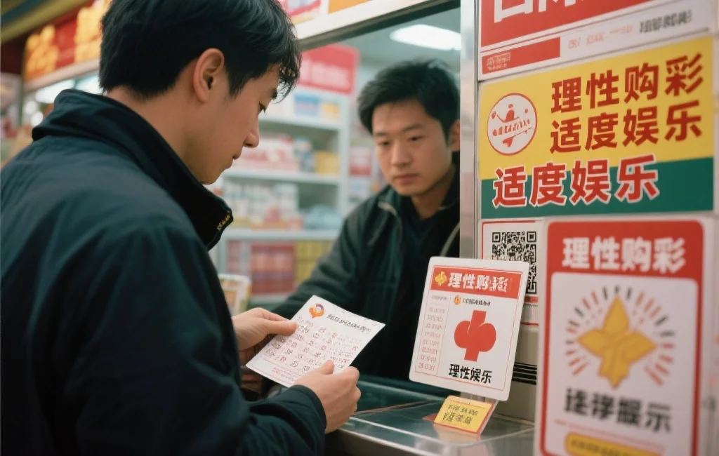 一个人理性地在彩票站购买彩票,背景有提示牌提醒“理性购彩,适度娱乐”