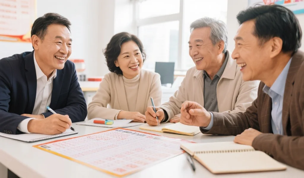 彩民们在分析彩票数据表格,气氛轻松愉快,桌面上有笔记本和笔记,背景为明亮的室内环境